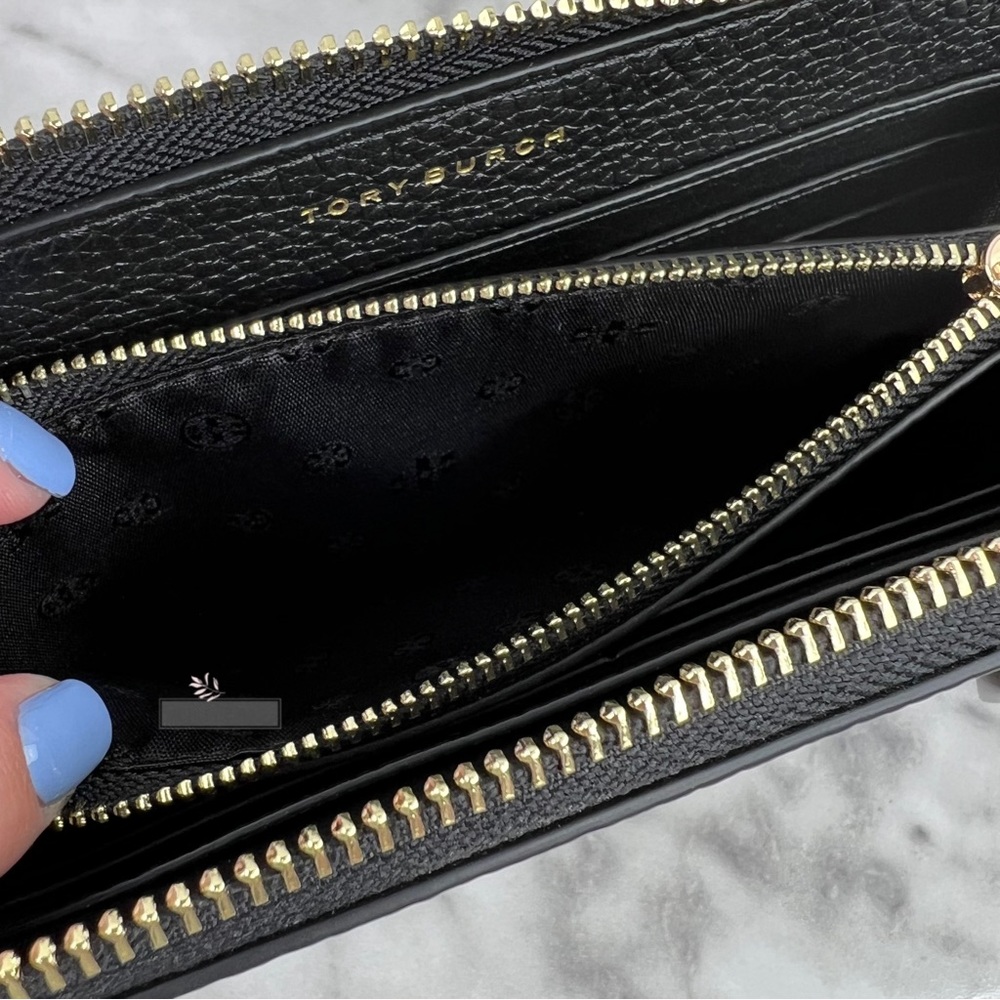 Tory Burch Black Pebbled Leather Zip Wallet with Card Holder and Gold Chain - Picture 8 of 12